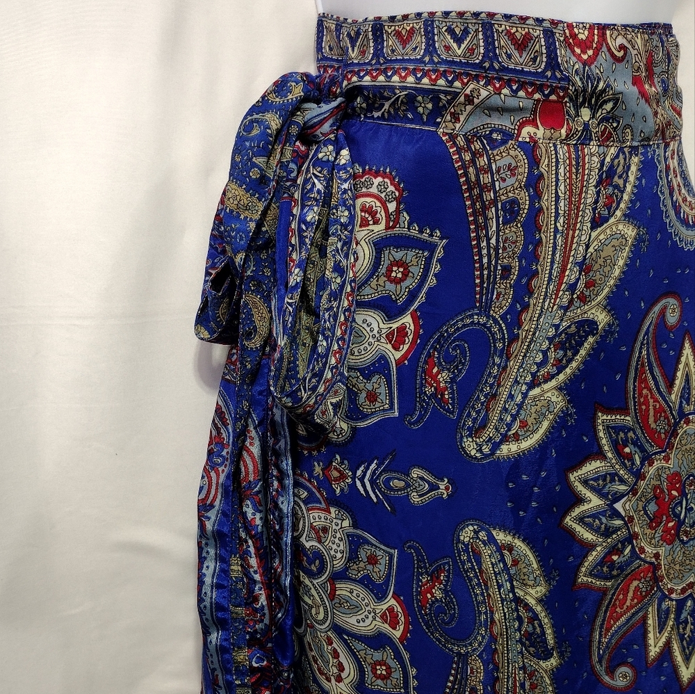 Women's Paisley Artsy Wrap Skirt OS Blue Boho Retro 90s Y2K Festival Beach - Picture 3 of 8